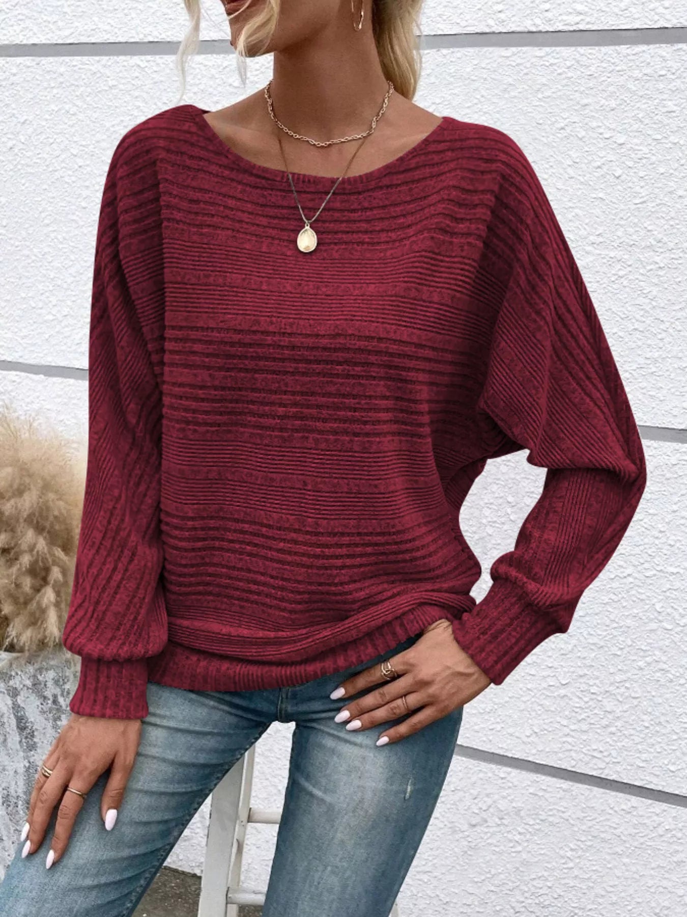 Ribbed Round Neck Long Sleeve Top OutfitFlow