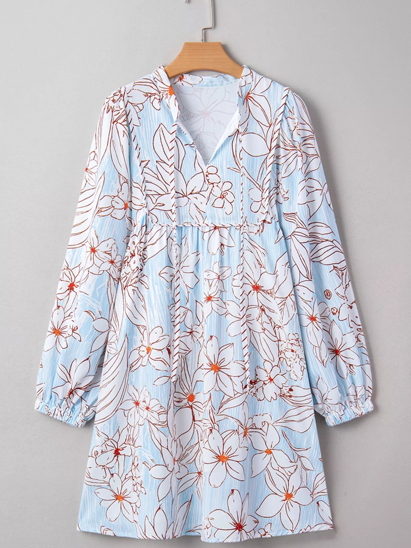 Floral Print Tie Neck Long Sleeve Mini Dress OutfitFlow