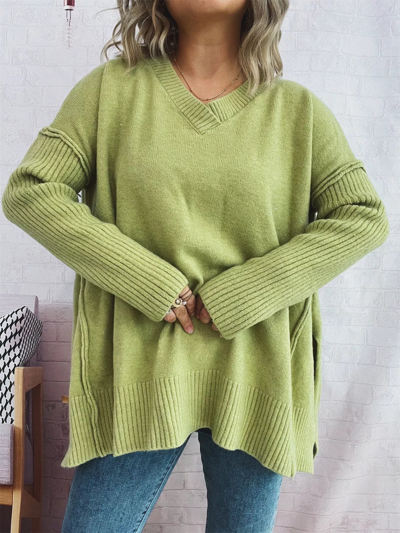 V-Neck Dropped Shoulder Sweater OutfitFlow