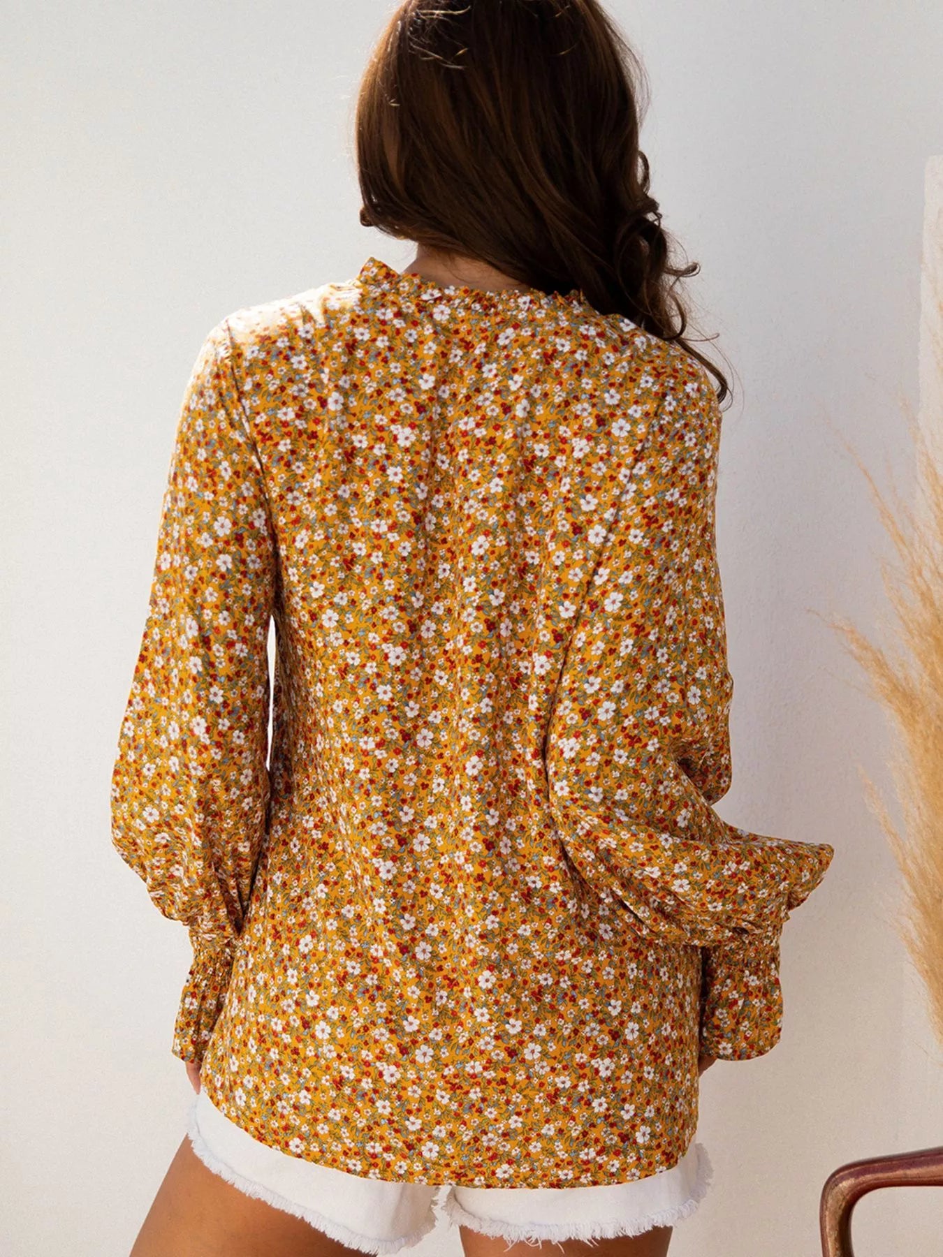 Floral Ruffled Bubble Sleeve Tie Neck Blouse OutfitFlow