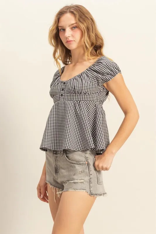 HYFVE Gingham Scoop Neck Cap Sleeve Blouse OutfitFlow