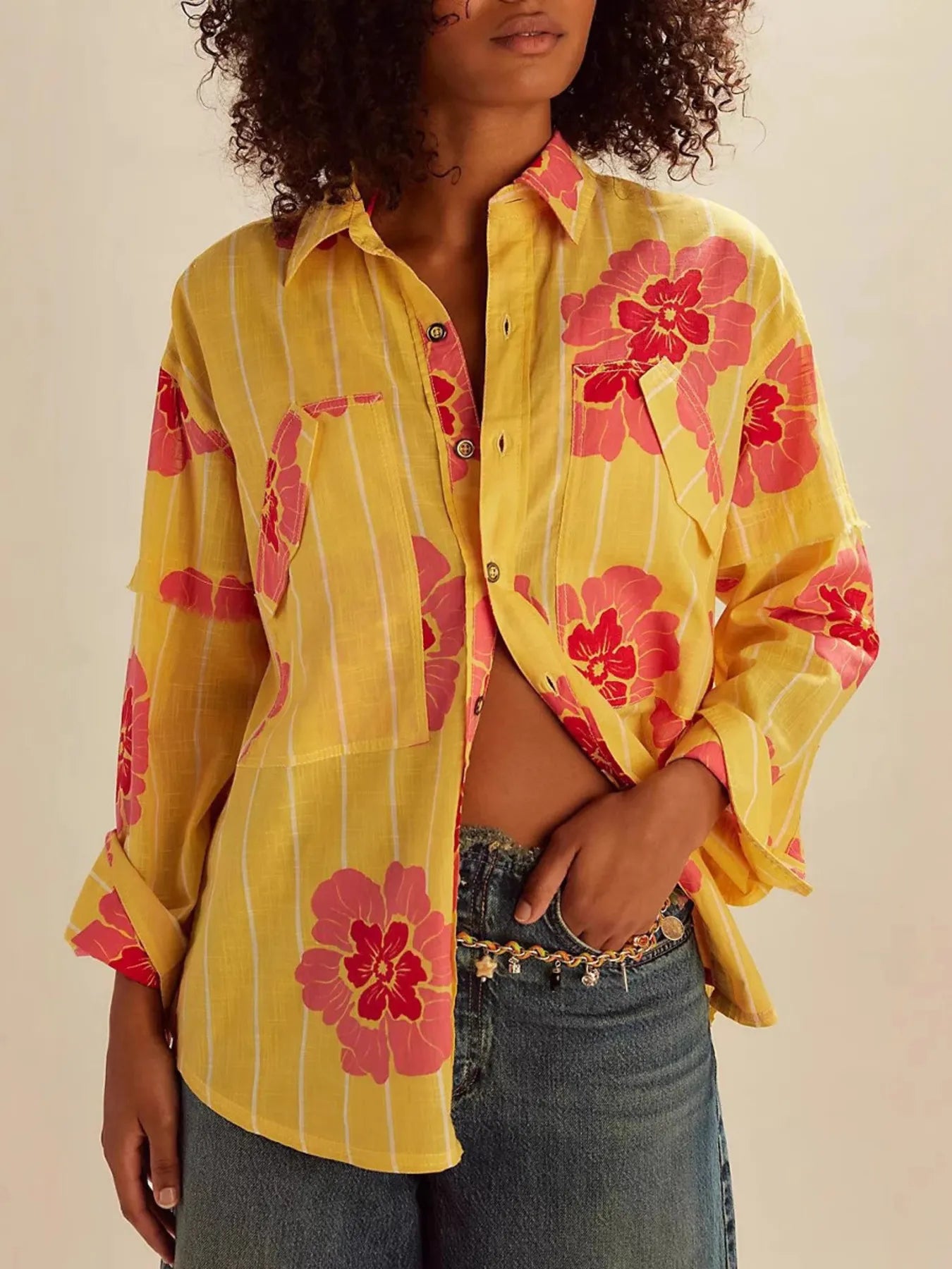 Printed Button-Up Long Sleeve Shirt Mustard OutfitFlow