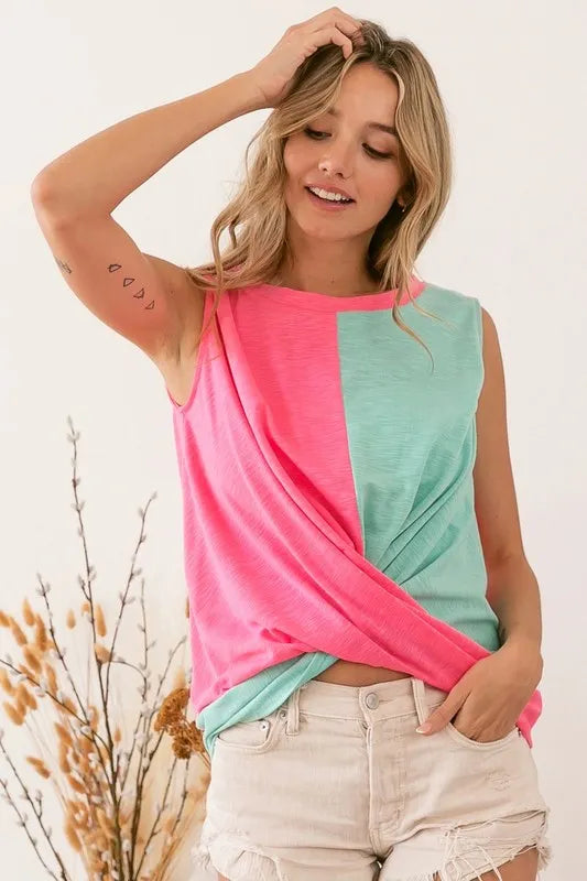 BiBi Slub Terry Color Block Twisted Top OutfitFlow