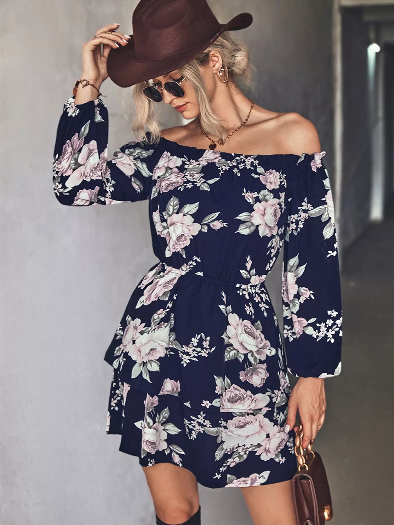 Off-Shoulder Floral Print Long Sleeve Mini Dress OutfitFlow