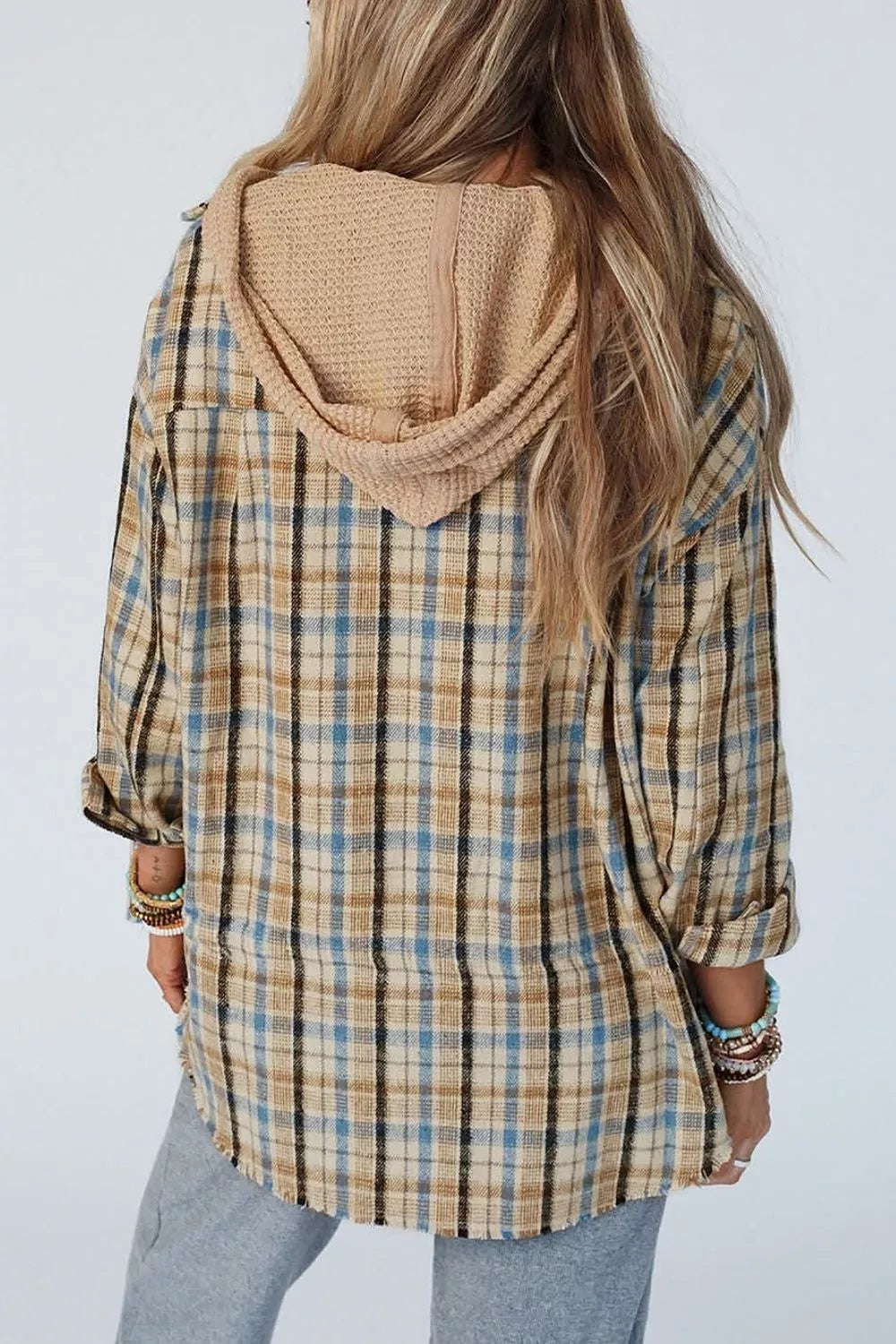 Plaid Drawstring Hooded Flannel Jacket OutfitFlow