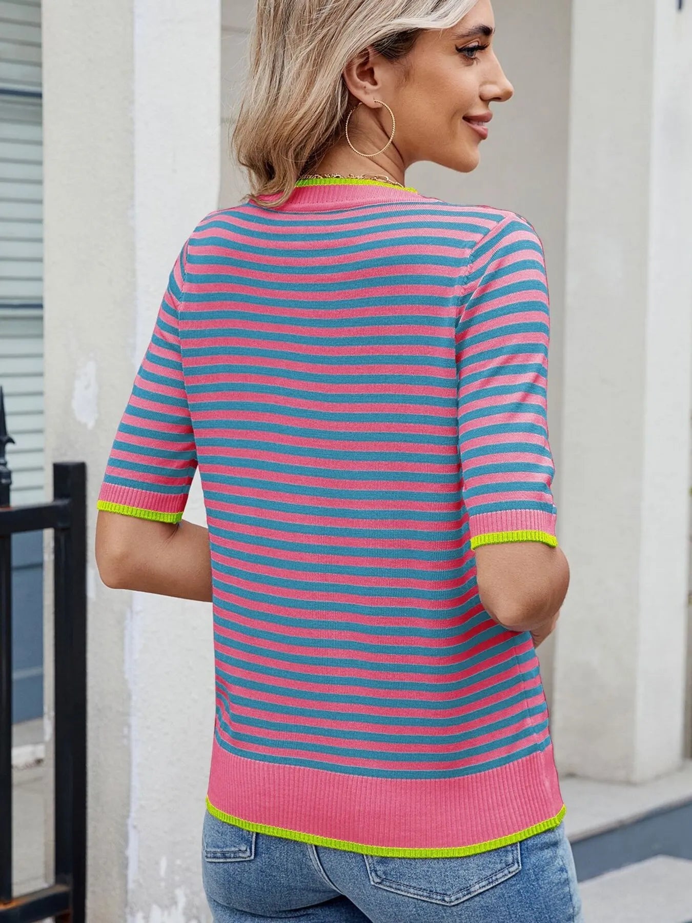 Striped Casual T-Shirt with Contrast Trim OutfitFlow