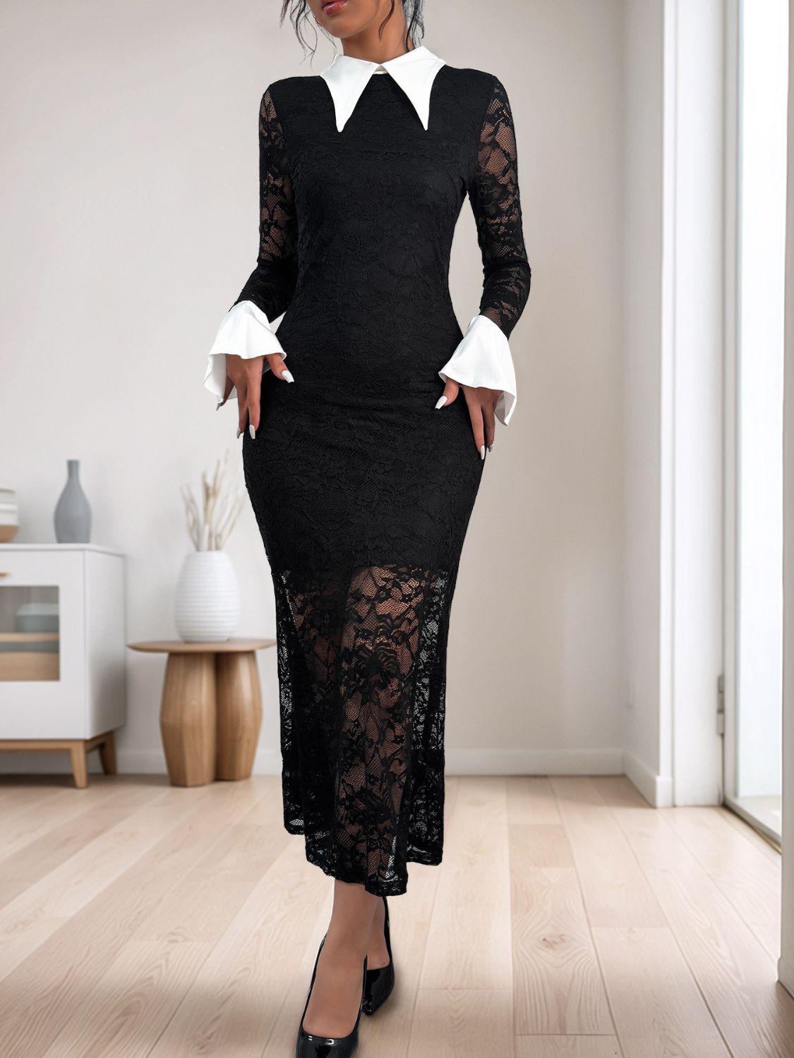 Outfit Flow - Perfee Lace Contrast Collared Neck Long Sleeve Midi Dress