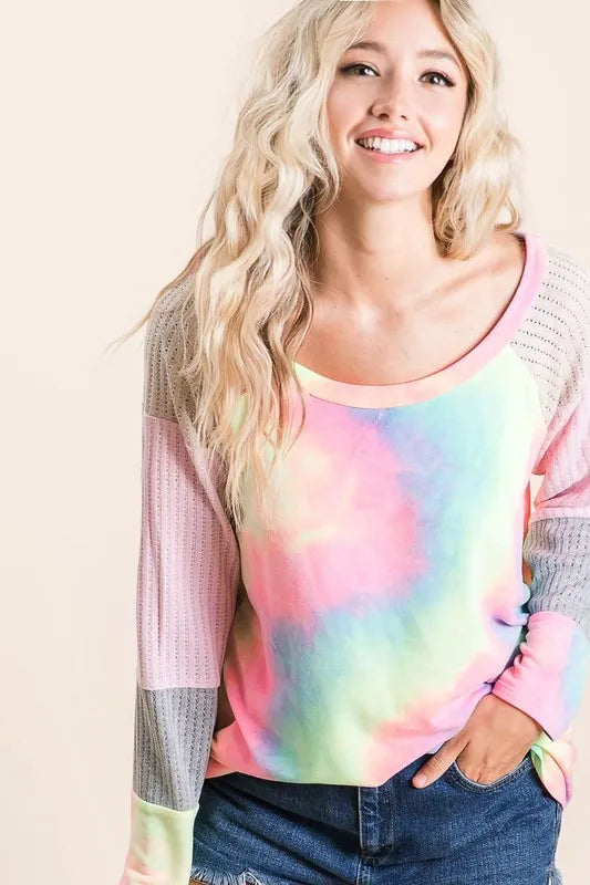 BiBi Tie Dye Terry Top with Color Block Pointelle Knit OutfitFlow