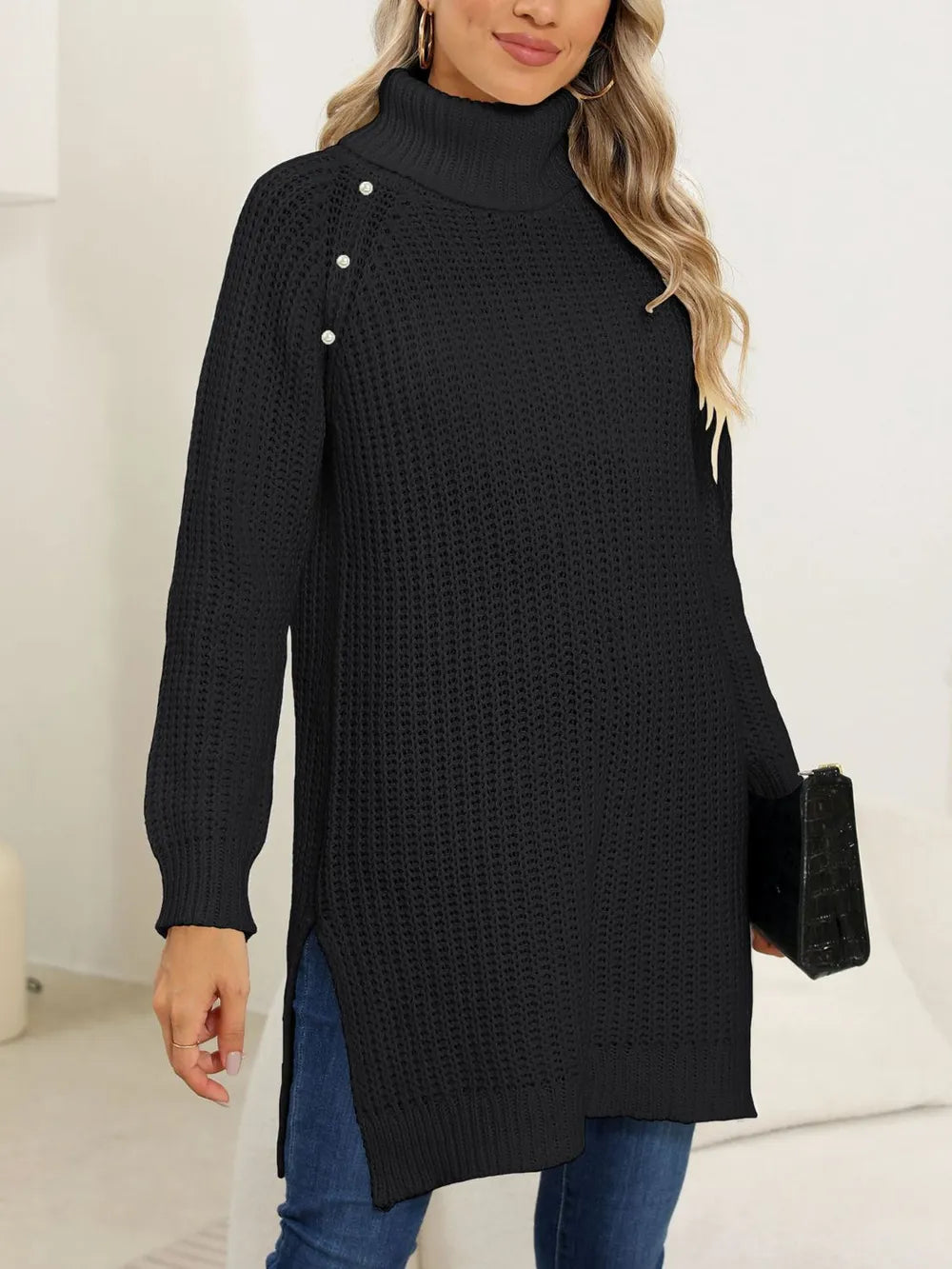 Slit Turtleneck Long Sleeve Sweater Black OutfitFlow