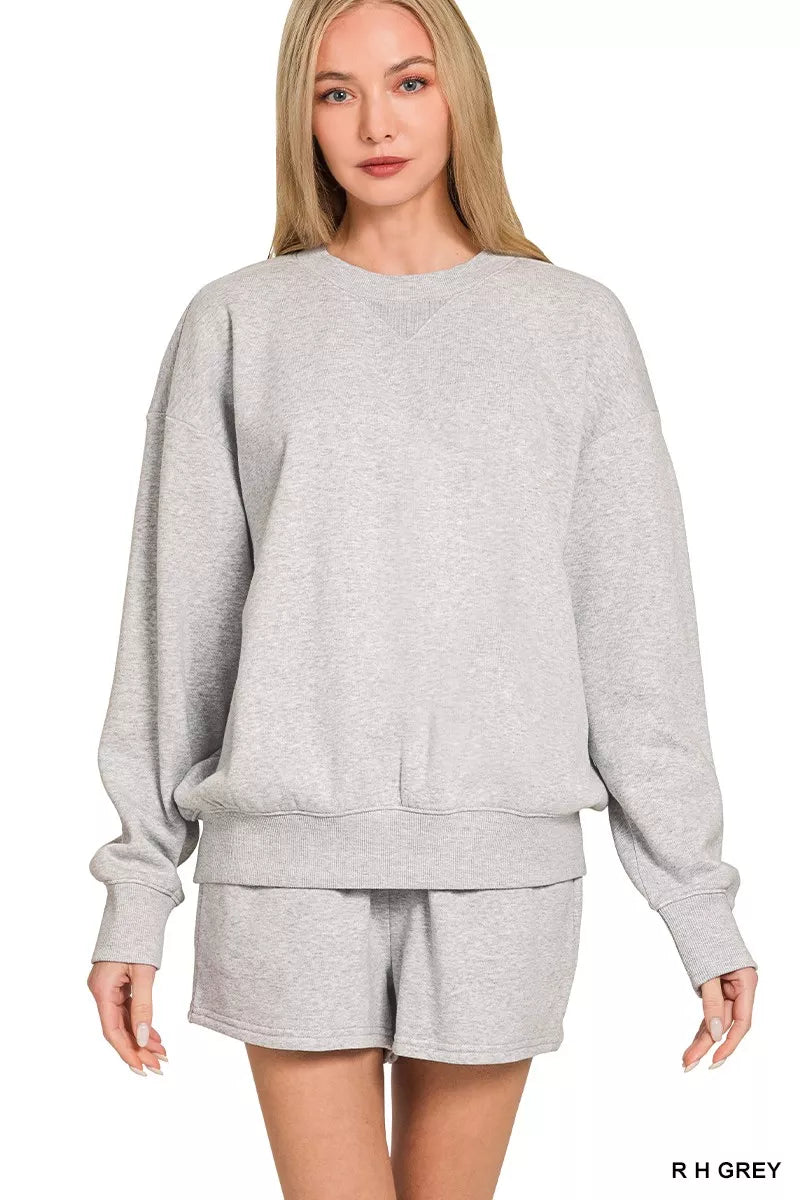 Zenana Fleece Long Sleeve Sweatshirts & Shorts Set R H GREY Trendsi
