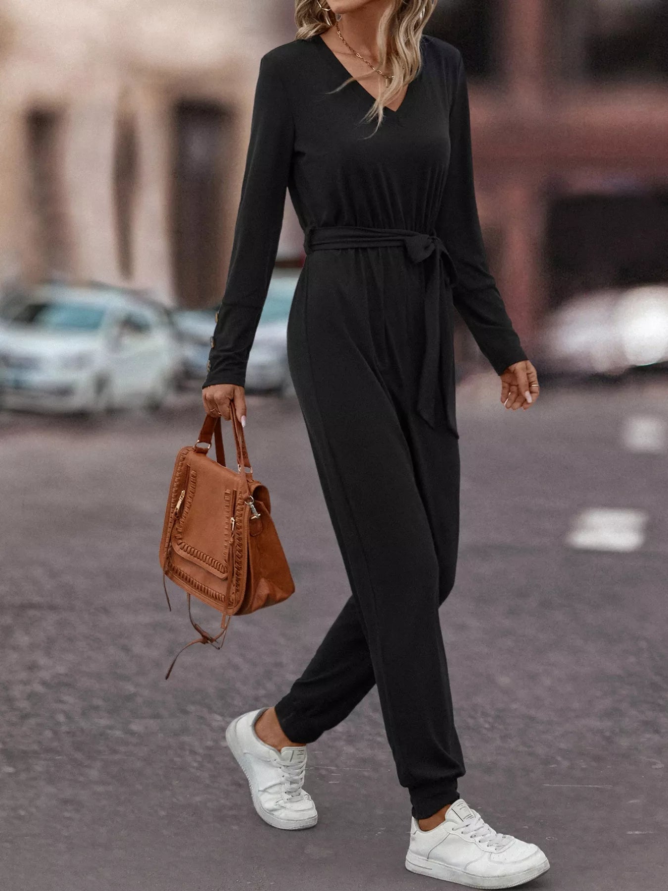V-Neck Long Sleeve Tie Waist Jumpsuit OutfitFlow