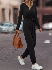 V-Neck Long Sleeve Tie Waist Jumpsuit OutfitFlow