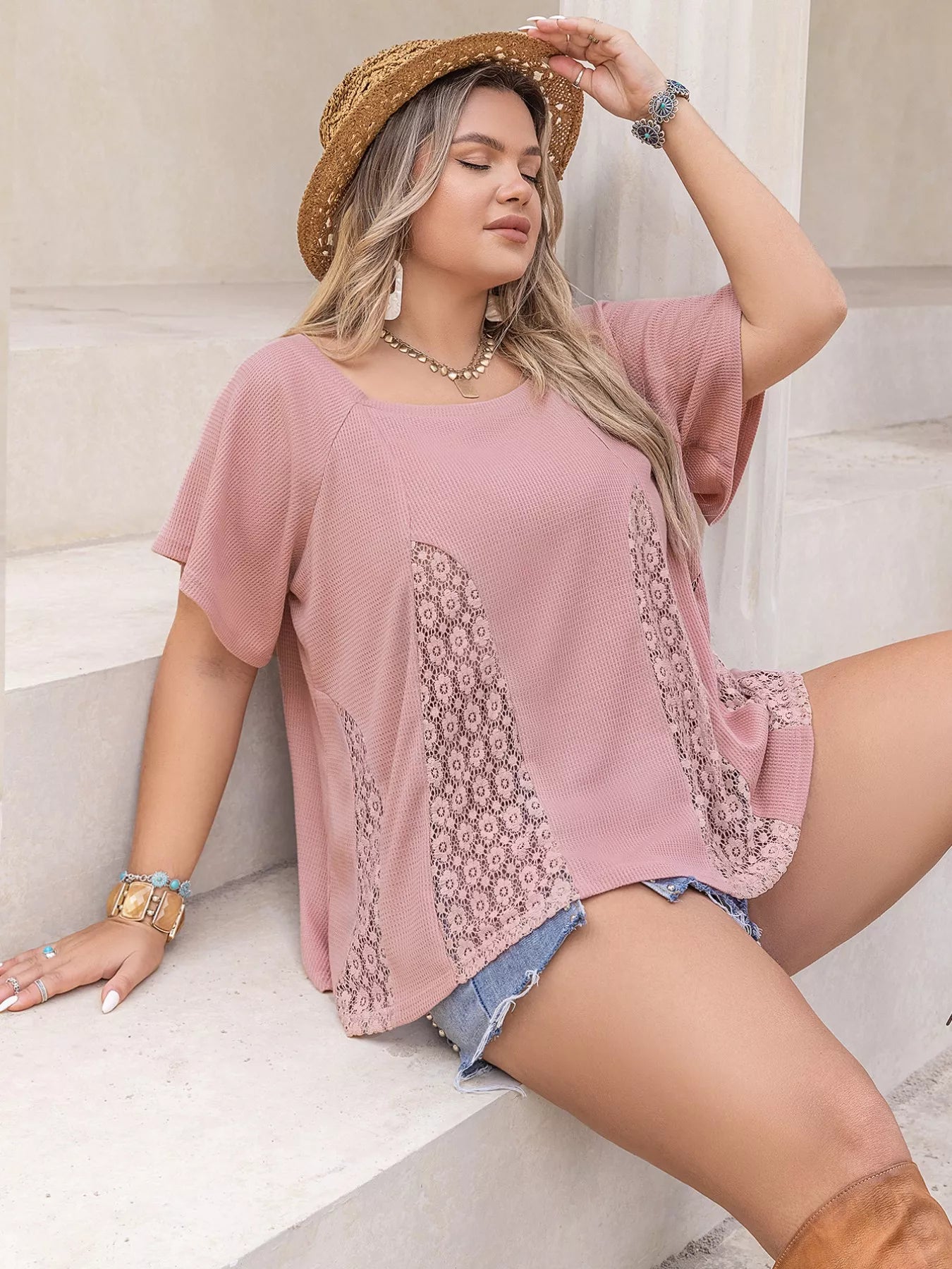 Plus Size Lace Detail Round Neck Short Sleeve T-Shirt OutfitFlow