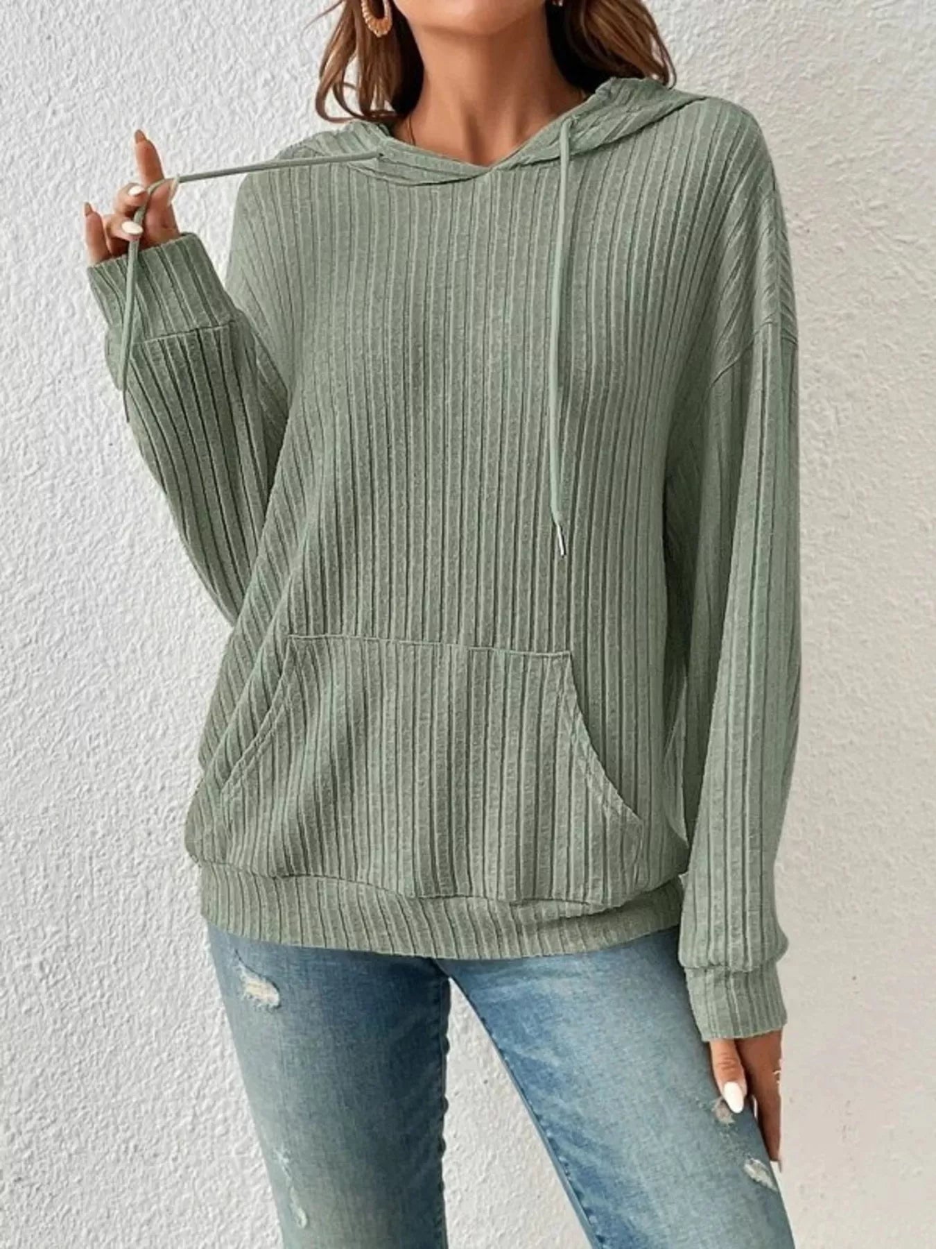 Ribbed Knit Long Sleeve Drawstring Hoodie OutfitFlow