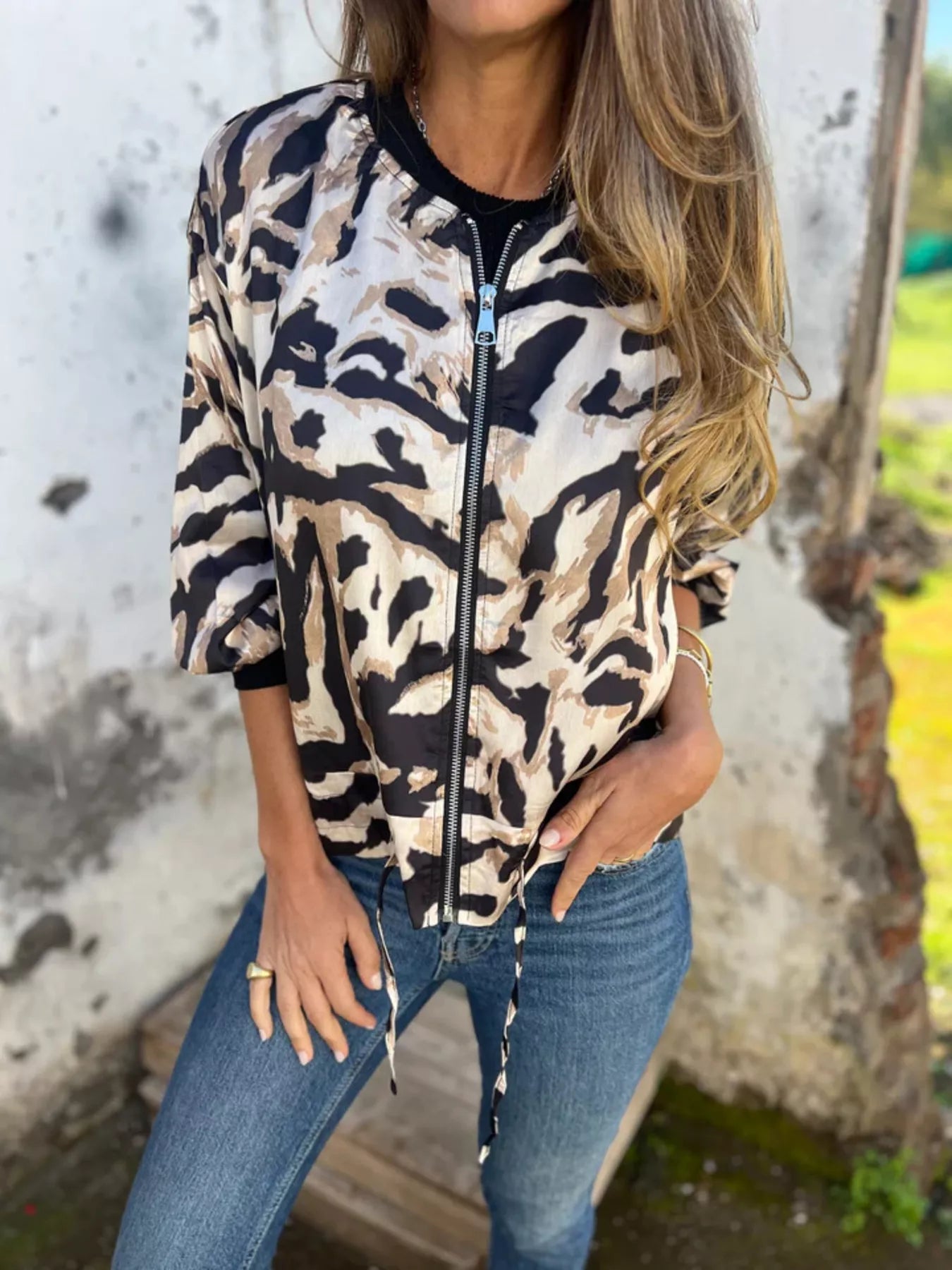 Full Size Zip Up Zebra Print Bomber Jacket Plus Size OutfitFlow