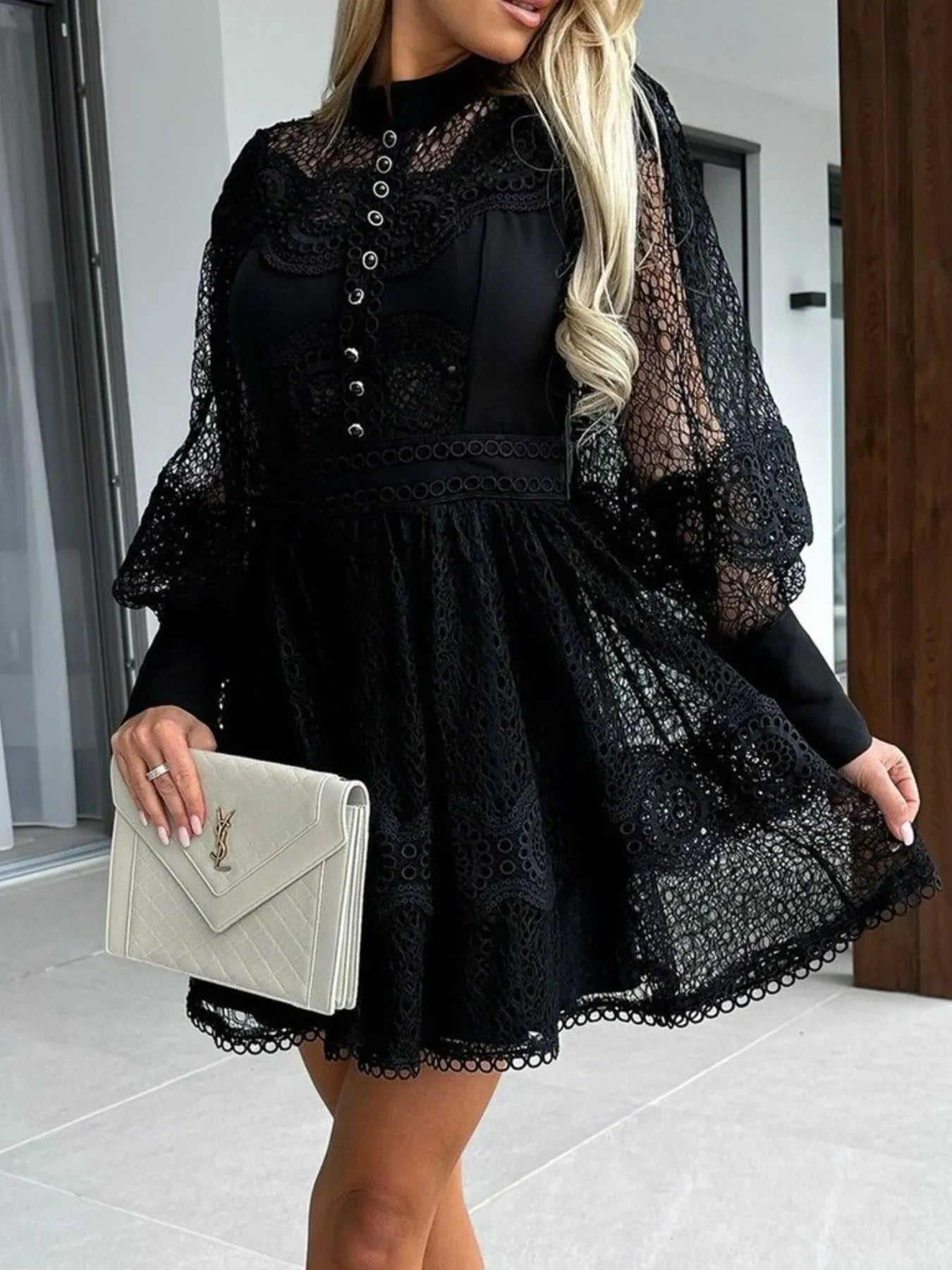 Lace Lantern Sleeve Mini Dress OutfitFlow