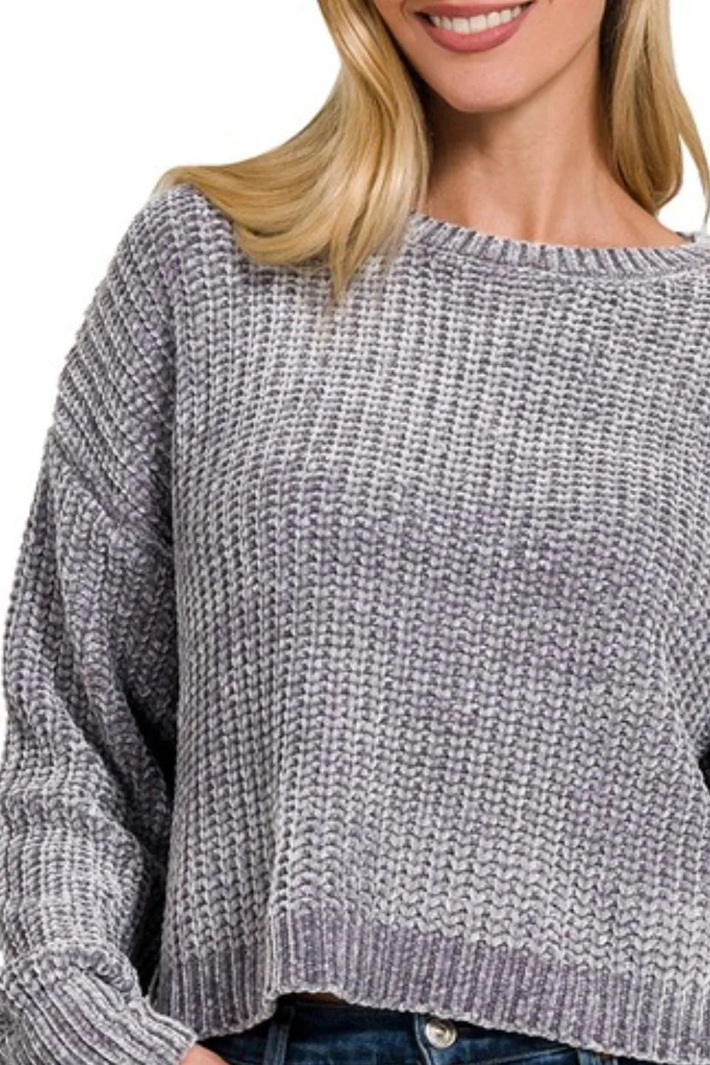 Zenana Chenille Round Neck Crop Sweater OutfitFlow