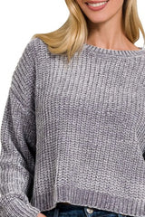 Zenana Chenille Round Neck Crop Sweater OutfitFlow