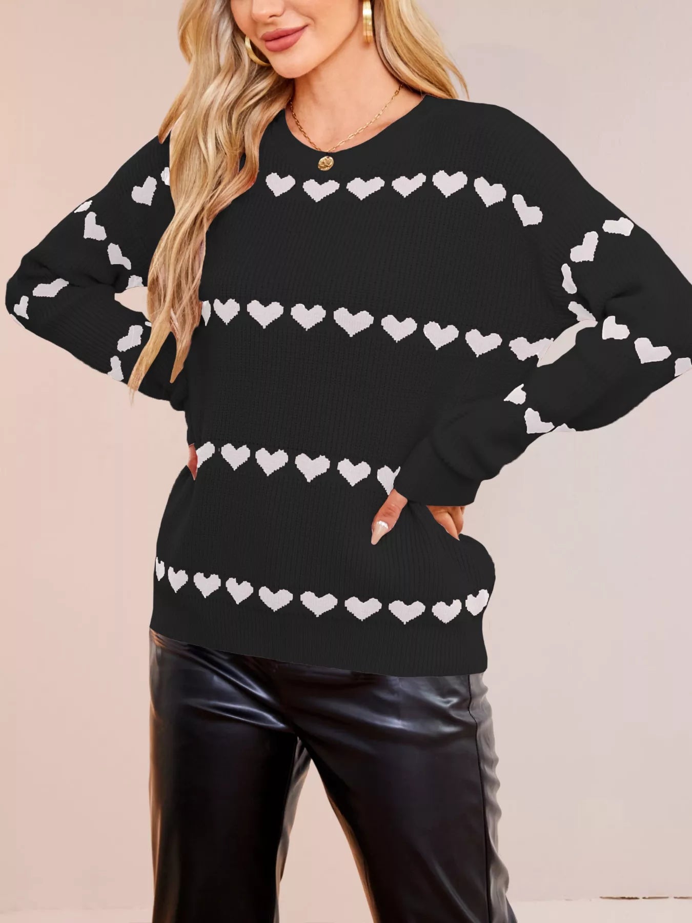 Heart Pattern Dropped Shoulder Sweater OutfitFlow