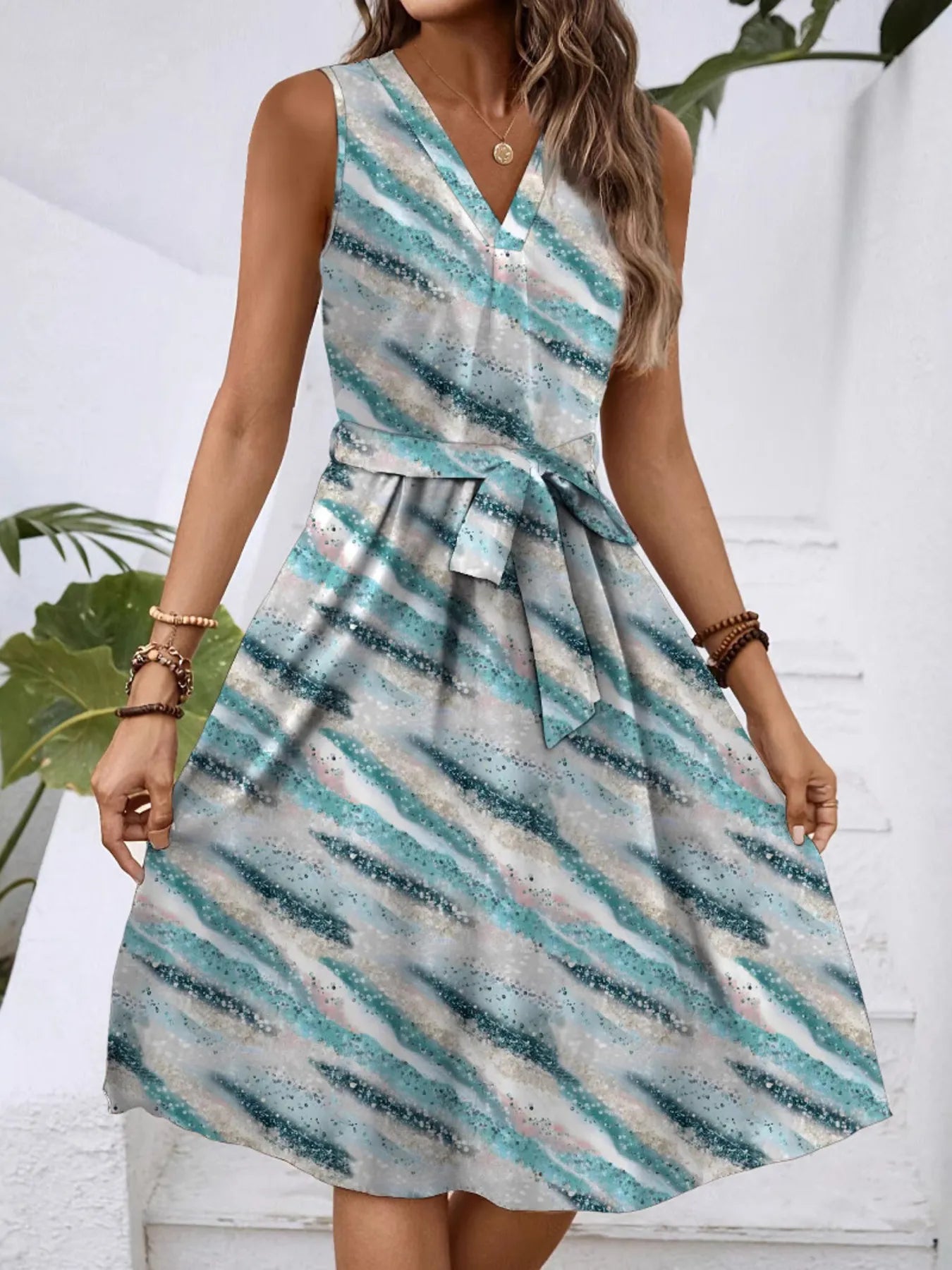 V-Neck Sleeveless Tie Waist Dress OutfitFlow
