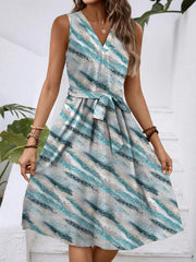 V-Neck Sleeveless Tie Waist Dress OutfitFlow