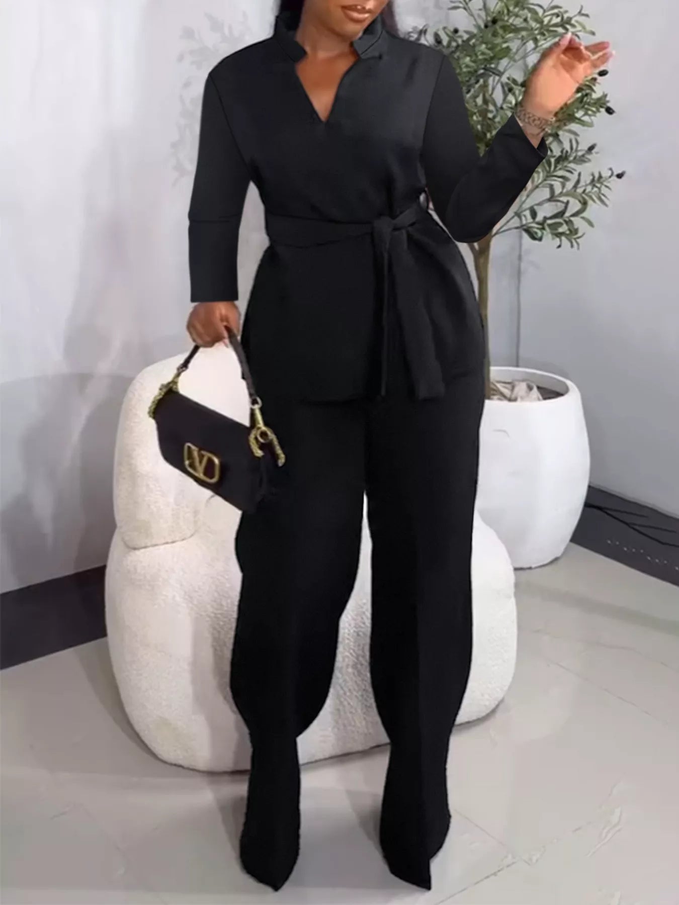 Tie-Waist Long Sleeve Top and Pants Set OutfitFlow