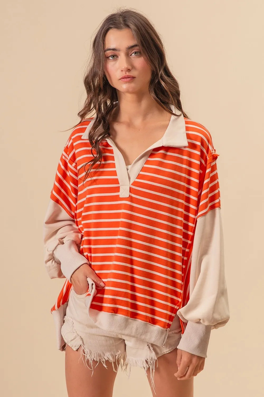 BiBi Stripe Knit Loose Fit Top With Cut Edge Detail OutfitFlow