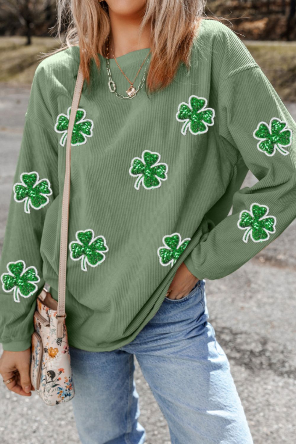 Outfit Flow - Sequin Lucky Clover Round Neck Long Sleeve Sweatshirt