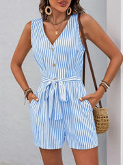 Striped V-neck Button Front Belted Romper Light Blue OutfitFlow
