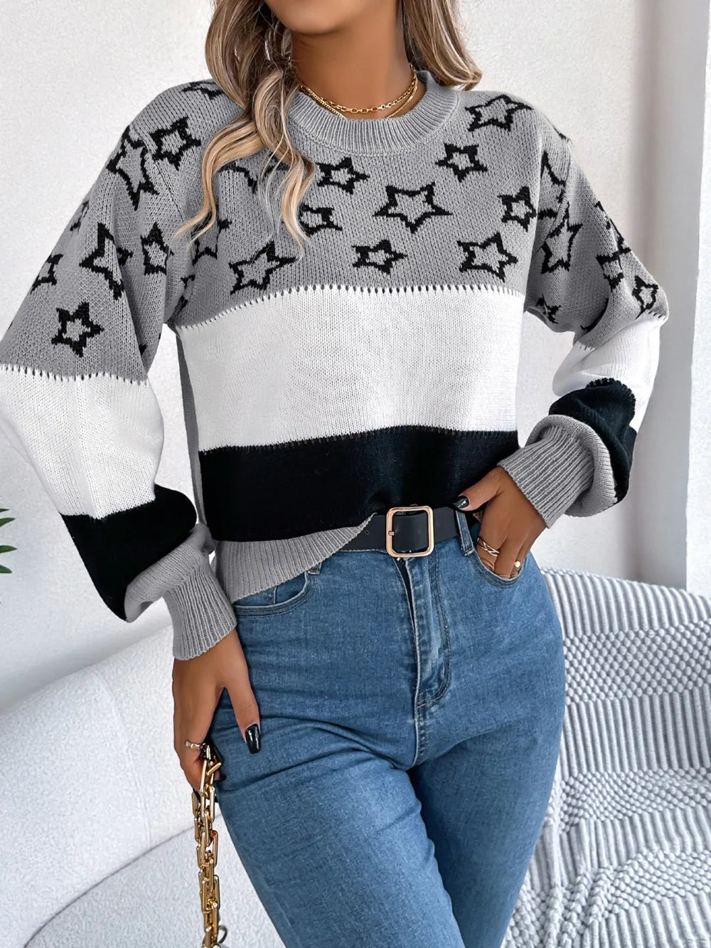 Star Contrast Round Neck Sweater OutfitFlow