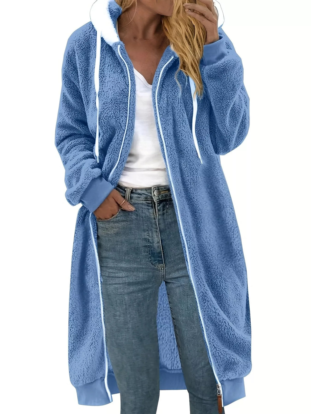 Cozy Fleece Hooded Longline Zip Up Outerwear Blue OutfitFlow