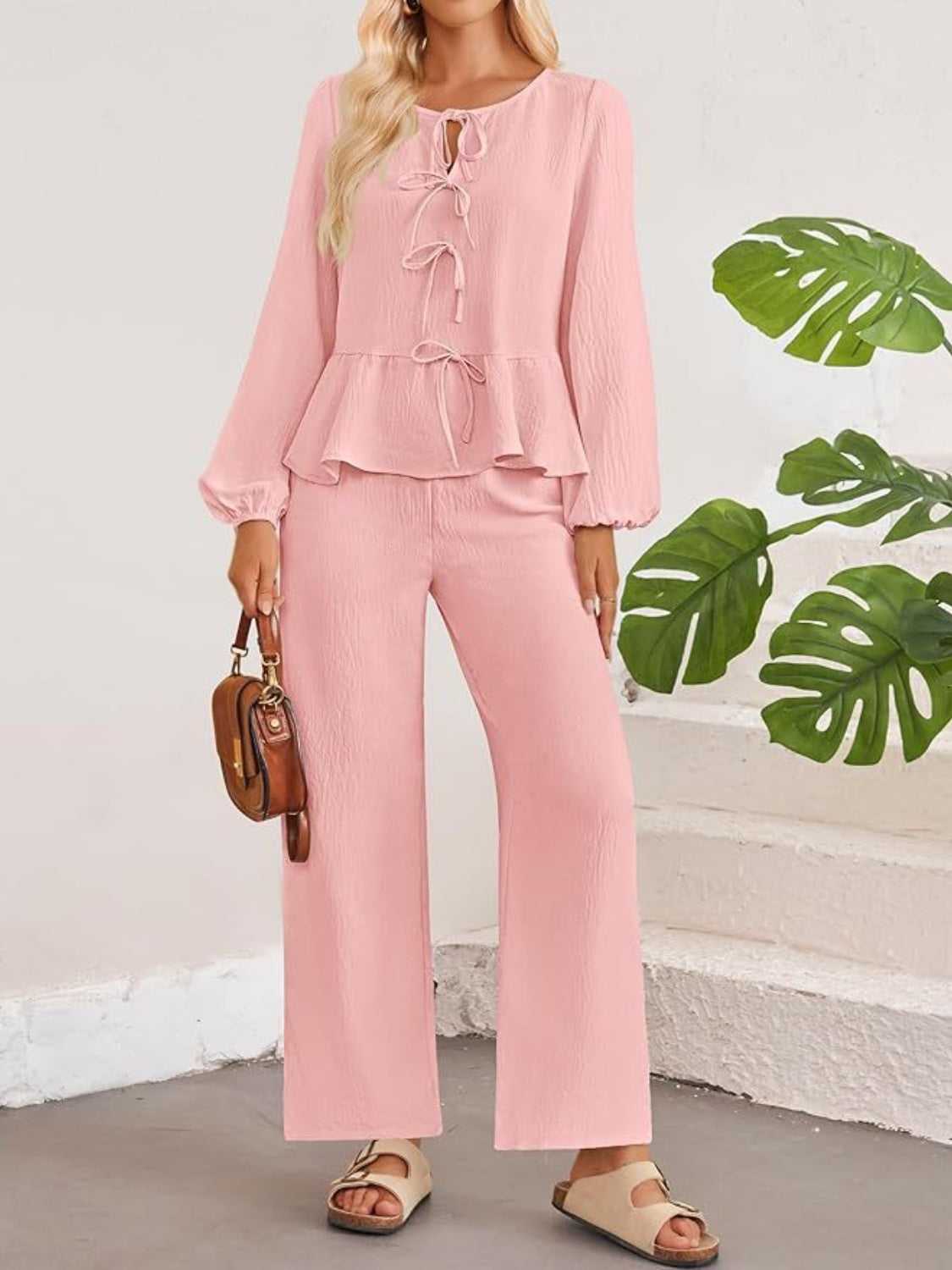Tie Neck Balloon Sleeve Top and Pants Set Dusty Pink OutfitFlow