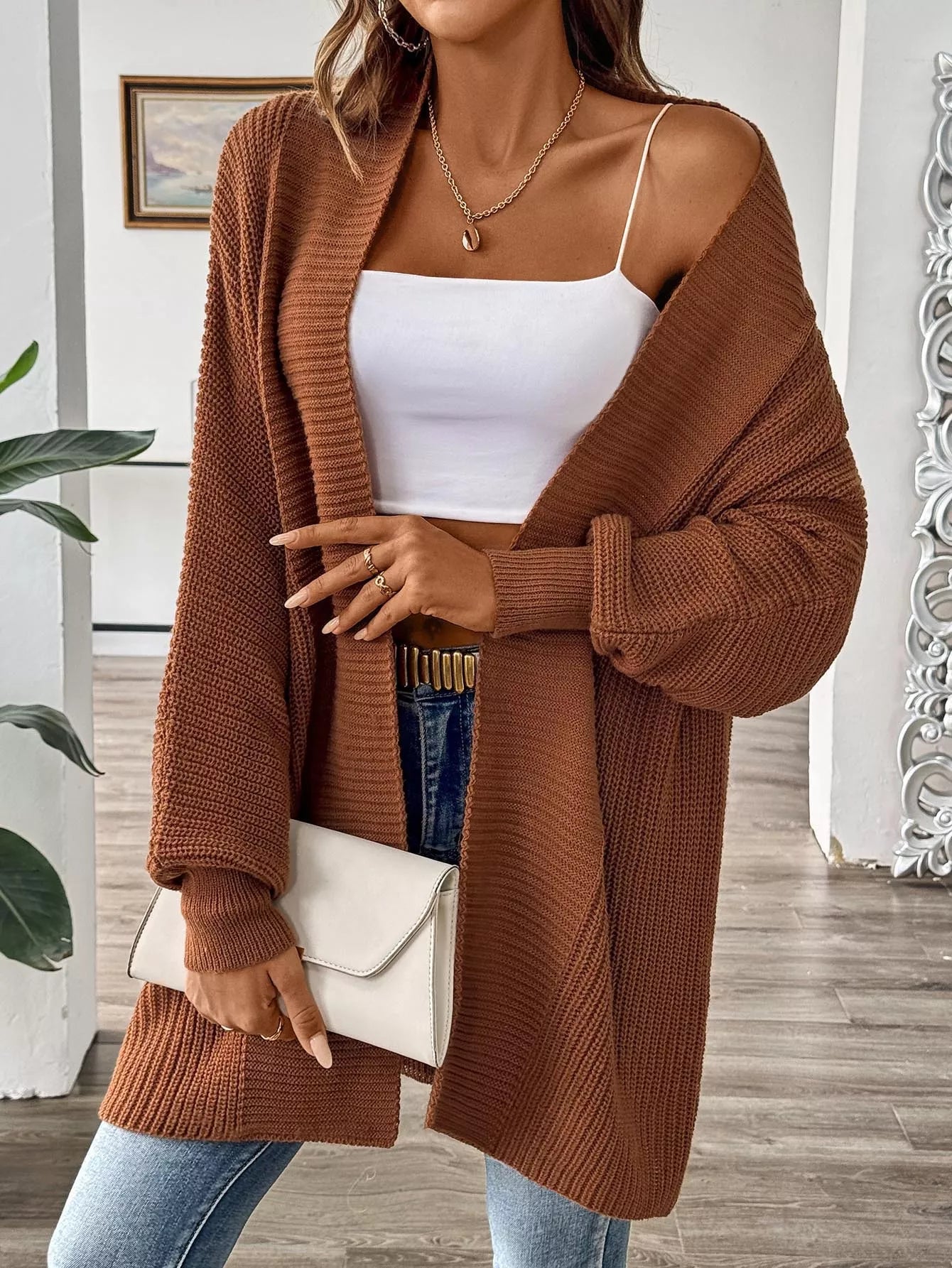 Open Front Ribbed Knit Cardigan OutfitFlow