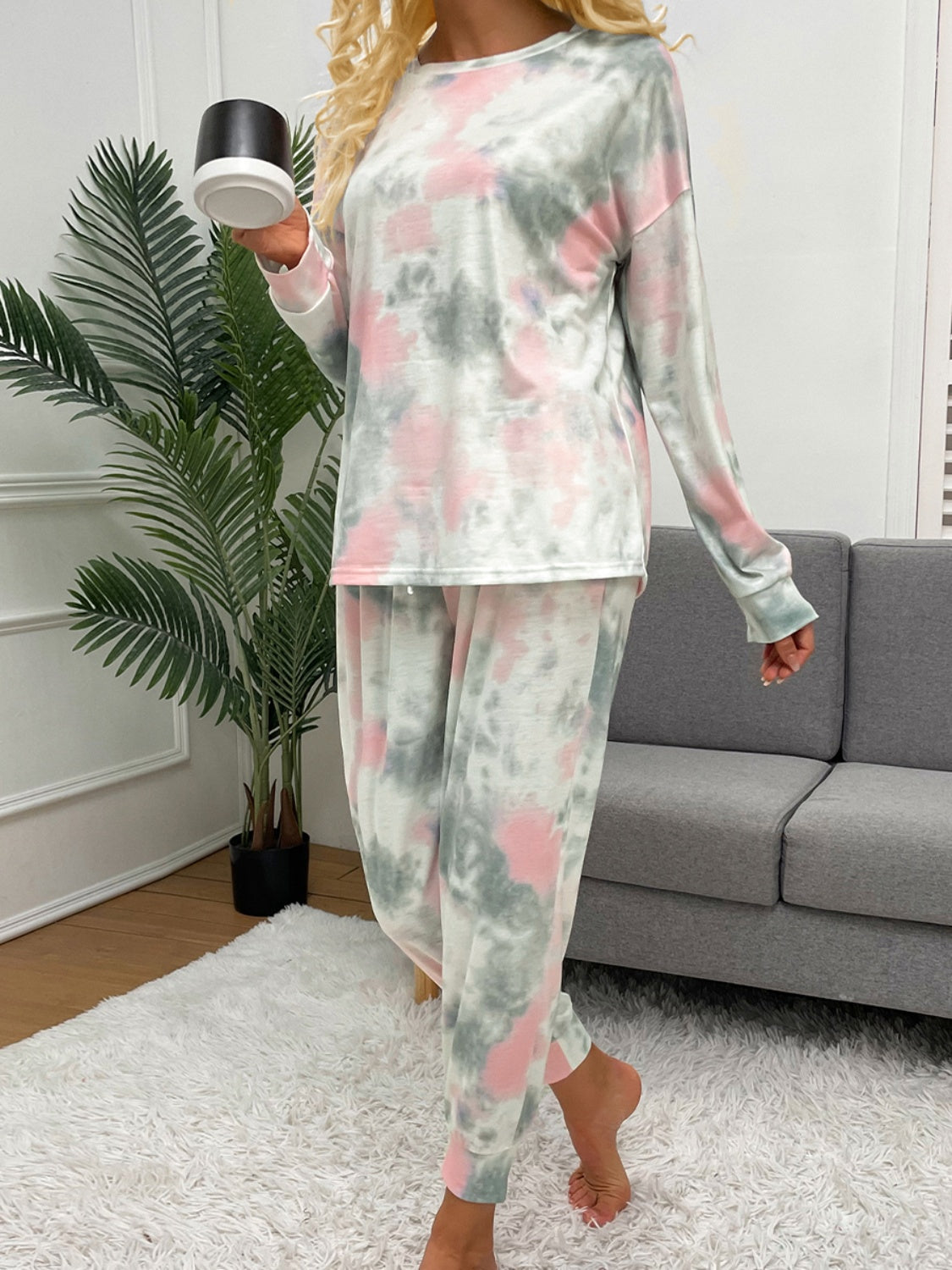 Outfit Flow - Shiny Tie-Dye Round Neck Top and Drawstring Pants Lounge Set