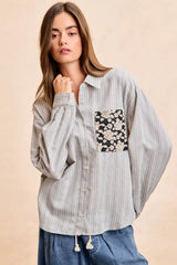 BiBi Flower Jacquard Knit Patch Pocket Stripe Shirt OutfitFlow