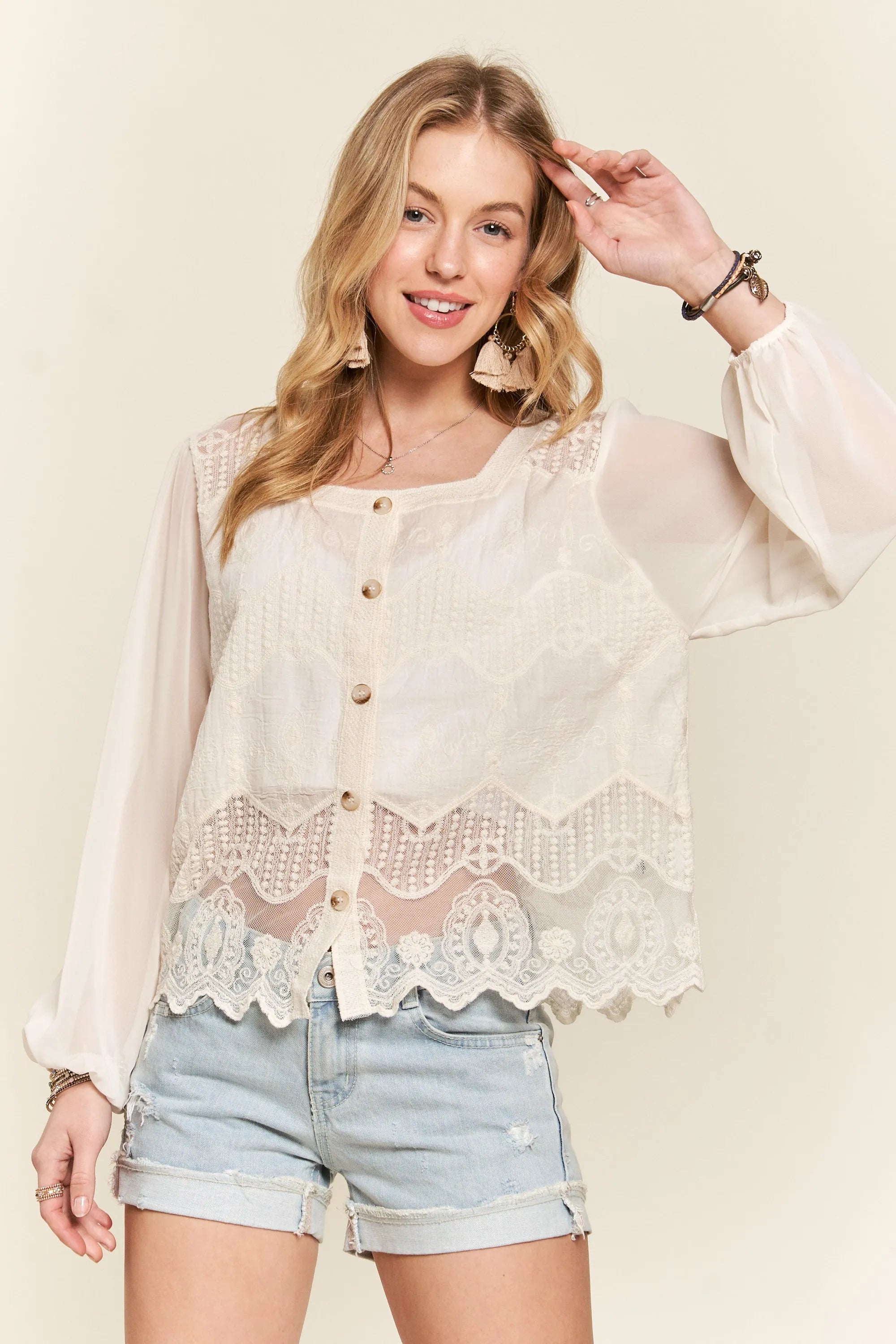 ADORA Button Down Embroidered Blouse OutfitFlow