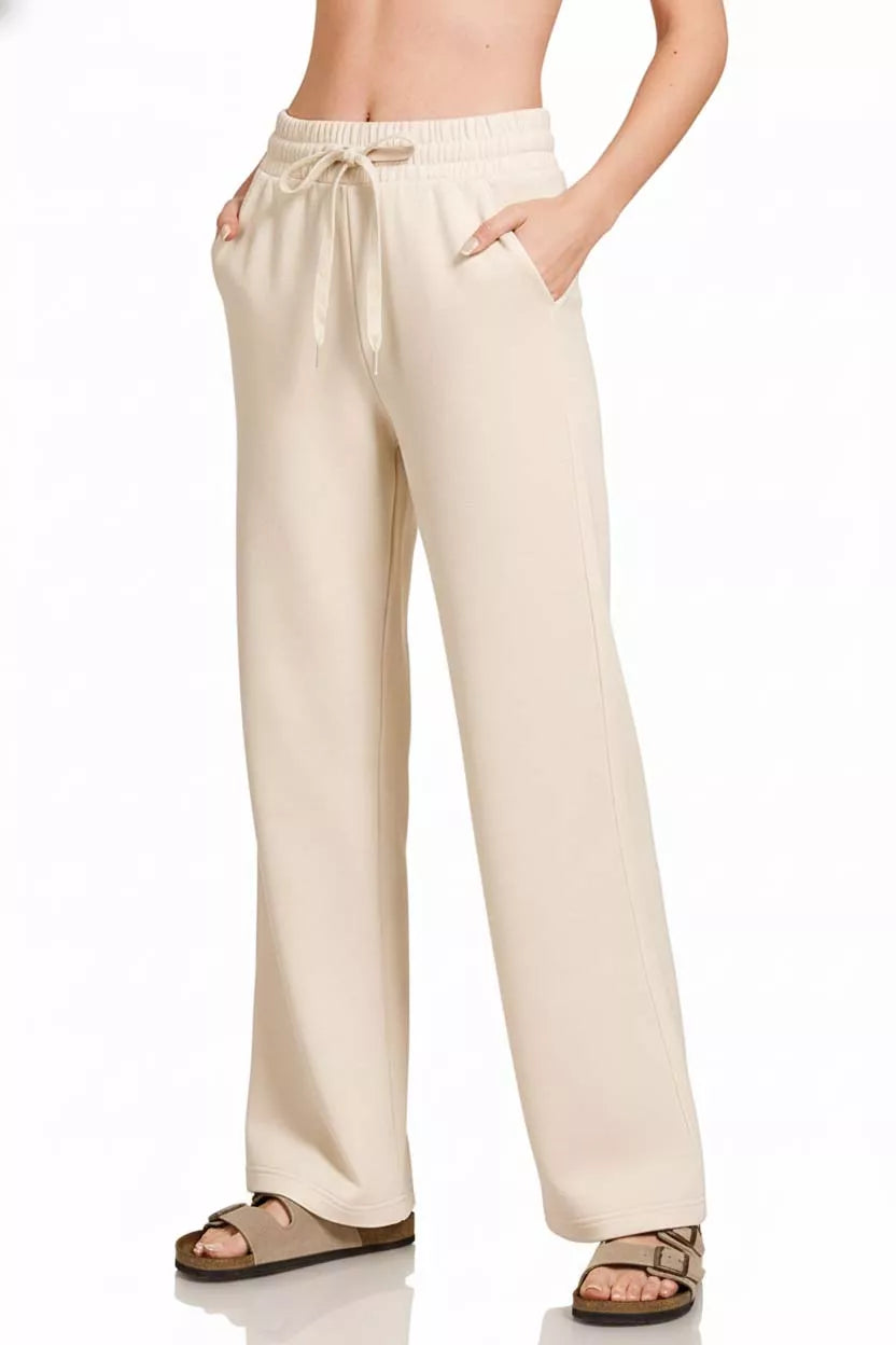 Zenana Scuba Drawstring Wide Leg Pants SAND BEIGE Trendsi