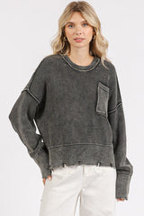 Outfit Flow - Mittoshop Distressed Hem Round Neck Dropped Shoulder Sweater