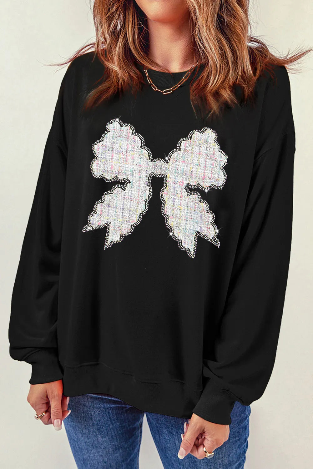 Outfit Flow - Contrast Bow Round Neck Long Sleeve Sweatshirt