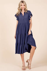 Mittoshop Ruffle Sleeve Collared V Neck Tiered Midi Dress OutfitFlow