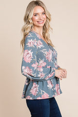 Outfit Flow - Super Lady Full Size Babydoll Floral Long Sleeve Blouse