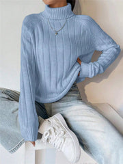 Ribbed Turtleneck Long Sleeve Sweater Light Blue OutfitFlow