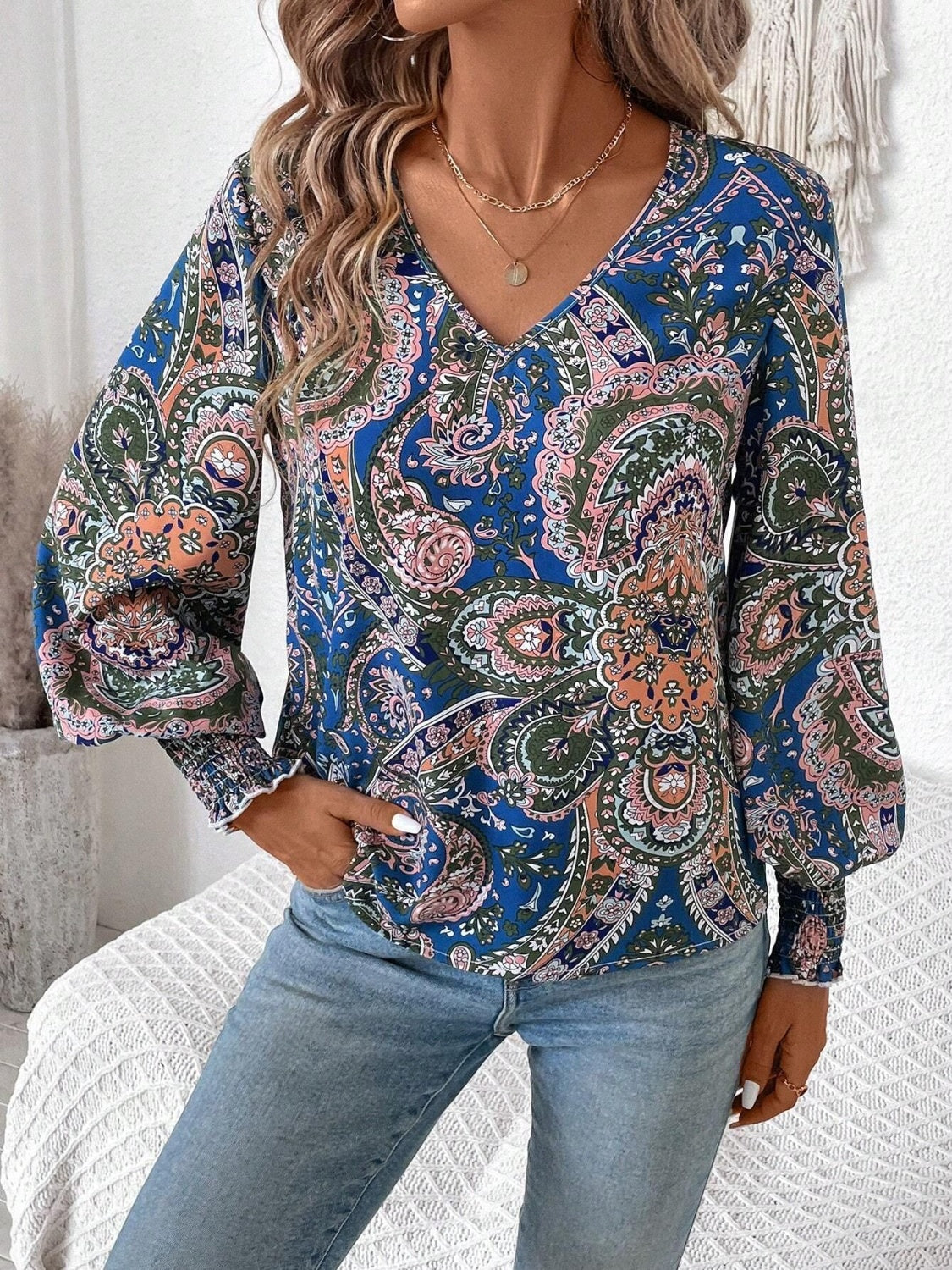 Printed V-Neck Lantern Sleeve Top