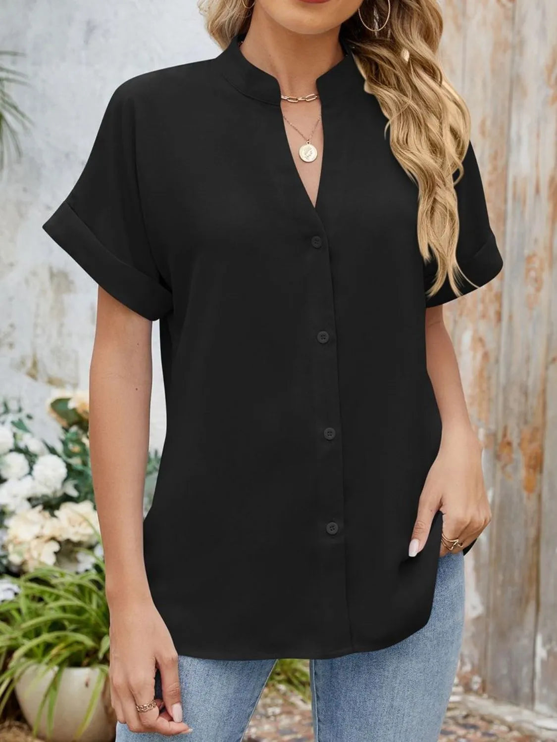 Notched Short Sleeve Blouse OutfitFlow
