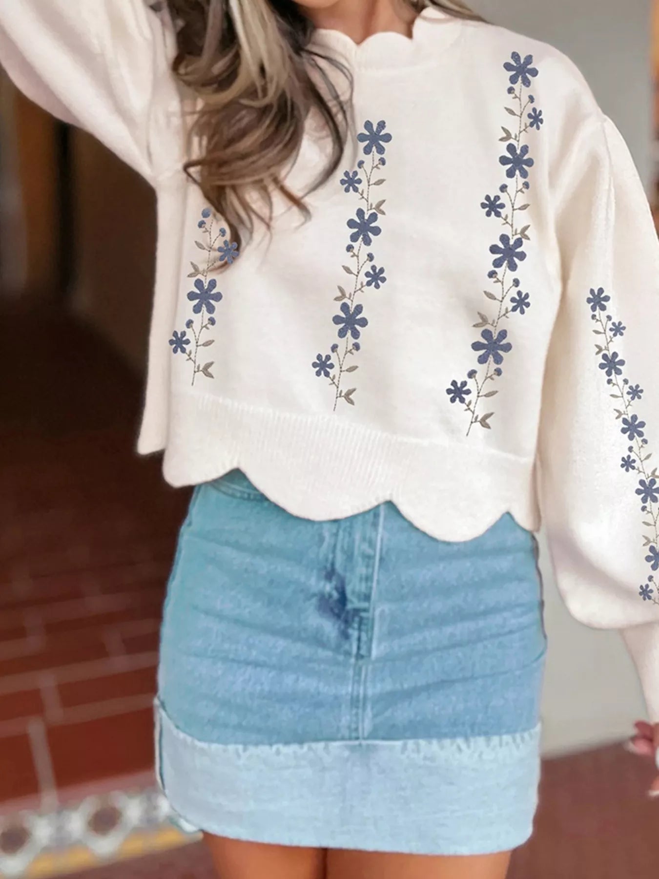 Floral Embroidered Scallop Hem Cropped Sweater White Trendsi