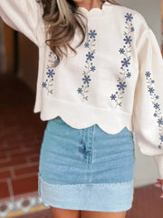 Floral Embroidered Scallop Hem Cropped Sweater White Trendsi
