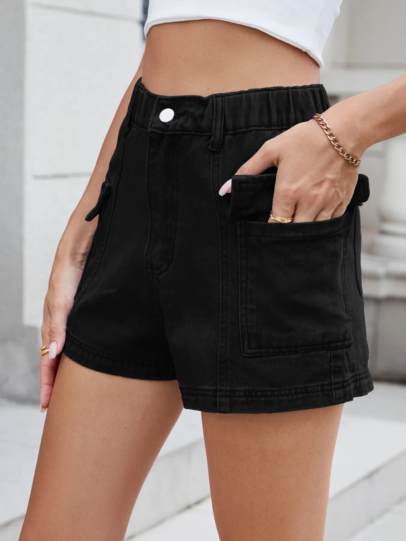 High Waist Cargo Denim Shorts Black OutfitFlow
