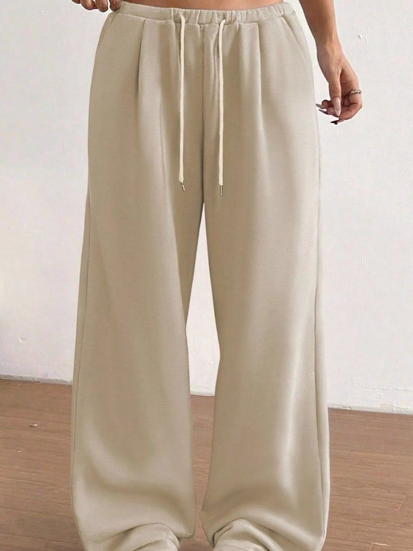 Casual Drawstring High Waist Wide Leg Sweatpants Tan OutfitFlow