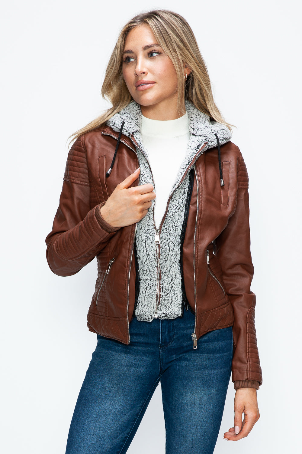 Outfit Flow - YMI Faux Layered Double-Zipper Jacket with Fuzzy Hood