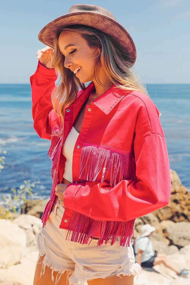 BiBi Rhinestone Fringe with Studed Collar Jacket OutfitFlow